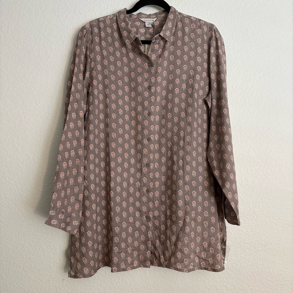 Garnet Hill French Linen Block Floral Print Long Sleeve Button Front Shirt New L